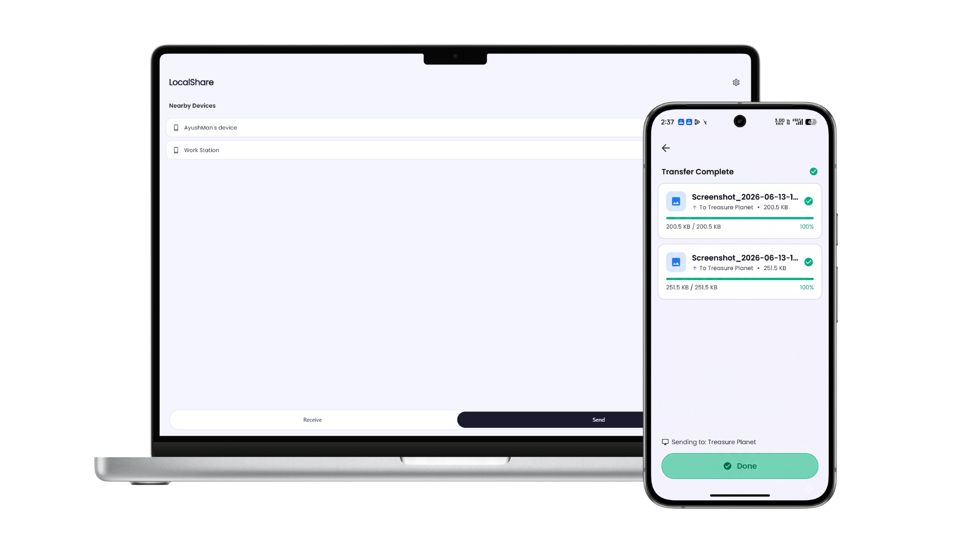 LocalShare running on a laptop and Android phone — transfer complete